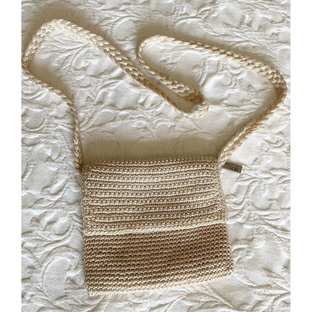 The Sak Cream Crochet Crossbody Purse Zip Closure Shoulder Bag Pocket Boho Small